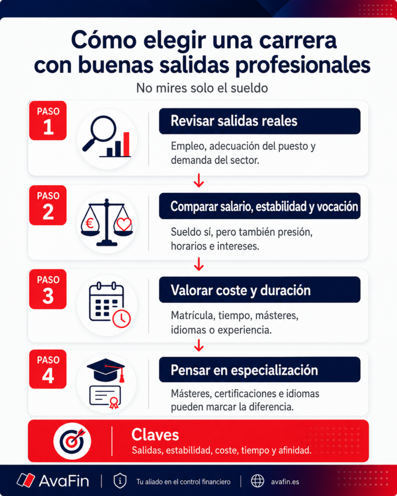 Com triar una cursa amb bones sortides professionals en 4 passos: infografia de AvaFin