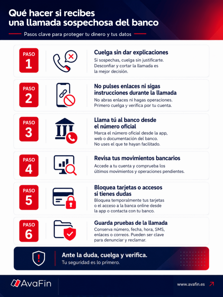 Infografía AvaFin con los 6 pasos a seguir si recibes una llamada sospechosa del banco: 1) Cuelga sin dar explicaciones, 2) No pulses enlaces ni sigas instrucciones, 3) Llama tú al banco desde el número oficial, 4) Revisa tus movimientos bancarios, 5) Bloquea tarjetas o accesos si tienes dudas, 6) Guarda pruebas de la llamada.