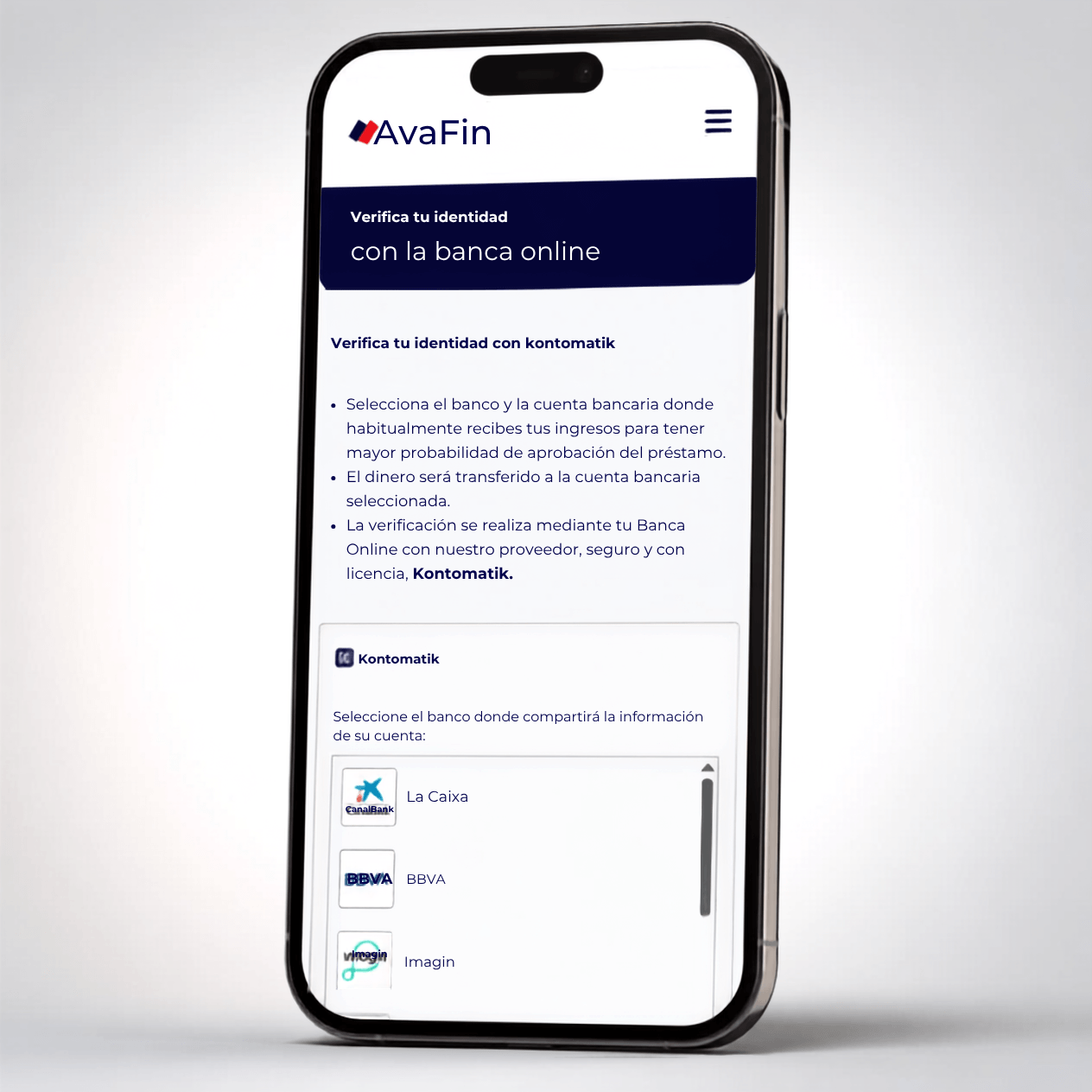 Pantalla del proceso de verificación de identidad con Kontomatik en AvaFin mostrando la selección de entidad bancaria